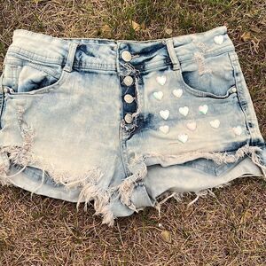 Size 7 Light wash Custom Distressed Heart Denim Shorts